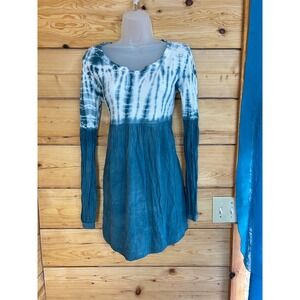 Scent Tie Dye Vintage Babydoll Waffle Knit Tunic Top Blue White Long Sleeve M/L